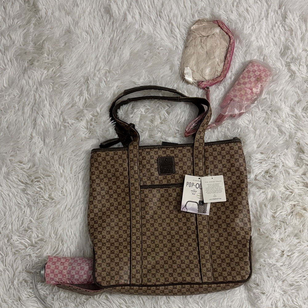 Vintage 00s Liz Claiborne Brown Bag With Umbrella And Cosmetic Bag Set